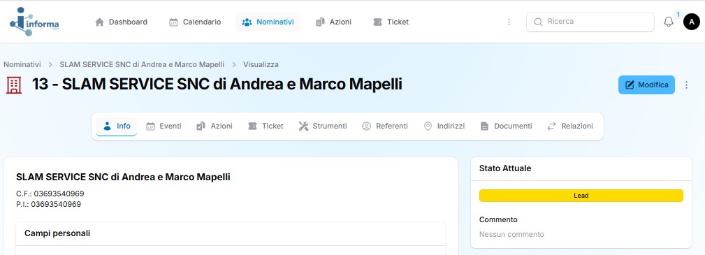 Gestione contatti e clienti in Informa CRM con dati centralizzati e storico attività